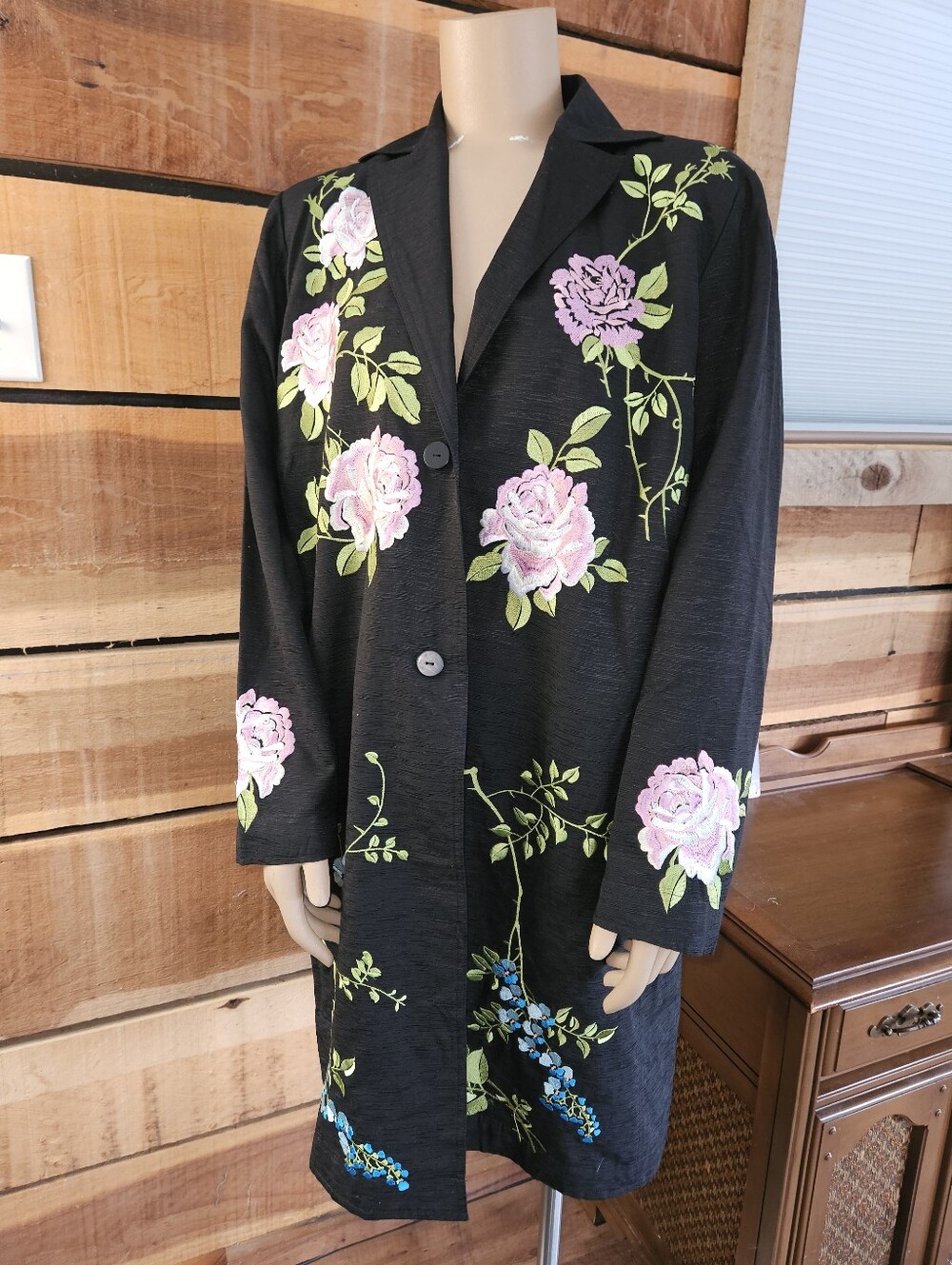 Carole Little Black Floral 100% Silk Longline Ciat Blazer 1x Art To Wear Artist